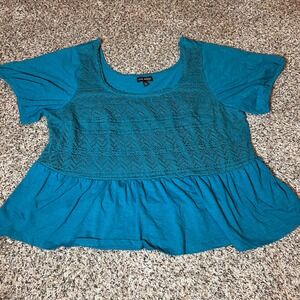 Lane Bryant Teal Peplum Top Crochet Detail Short Sleeve Green Plus Size 22/24‎